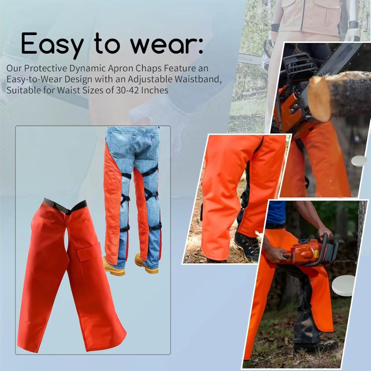 0000-886-3905 Chain Saw Protective Chaps-Orange Fits Men Waist 22-39" Adjustable