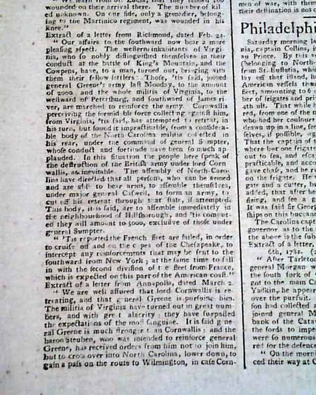 AMERICAN REVOLUTIONARY WAR Benedict Arnold John Andre Cowpens SC 1781 Newspaper