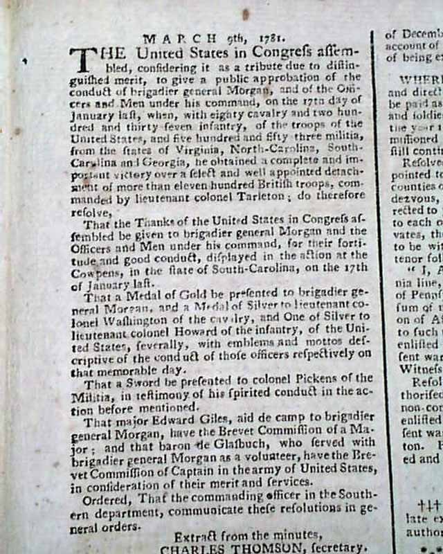 AMERICAN REVOLUTIONARY WAR Benedict Arnold John Andre Cowpens SC 1781 Newspaper