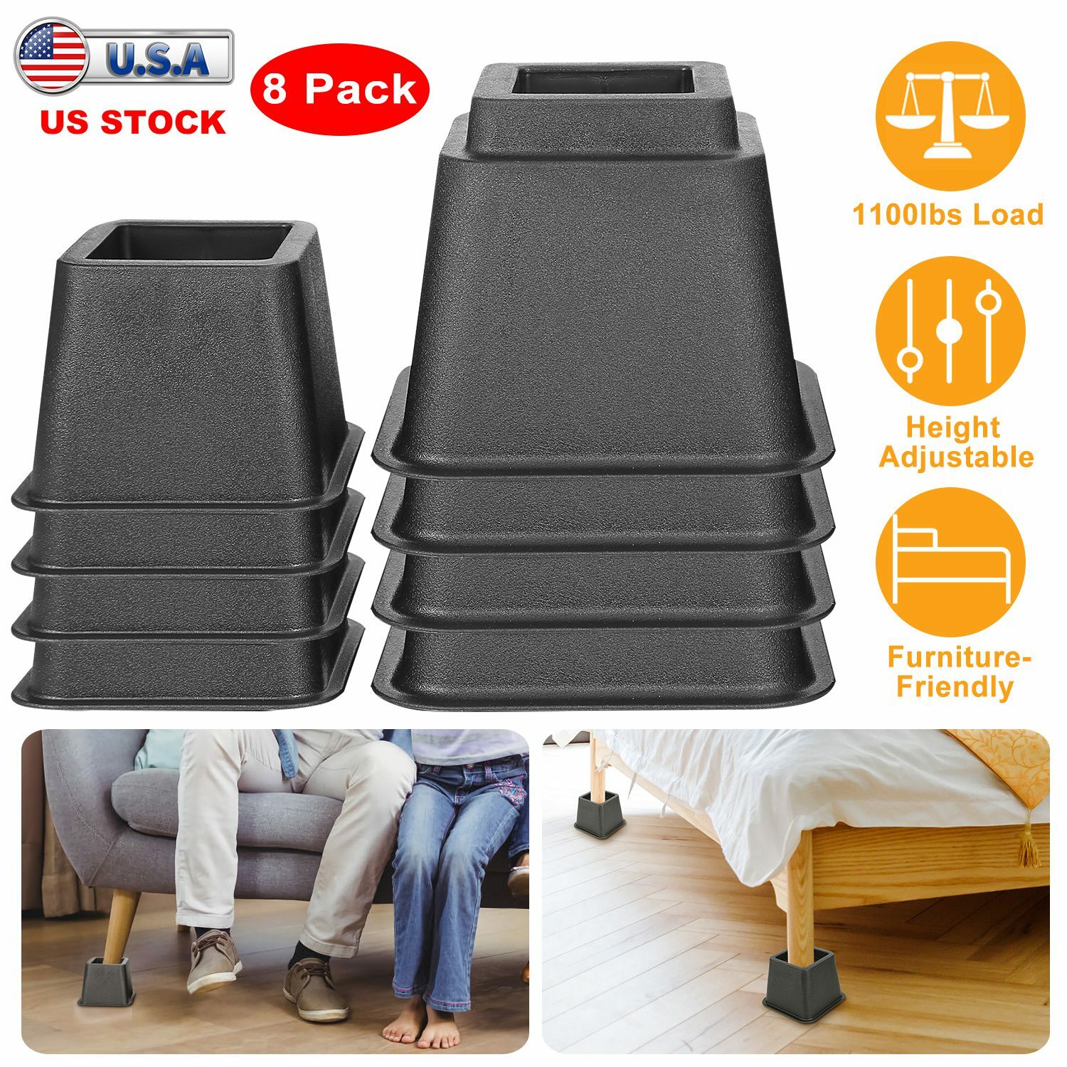 8 Pack 5 In +7 In Bed Risers Furniture Risers Heavy Duty Duarable Adjustable