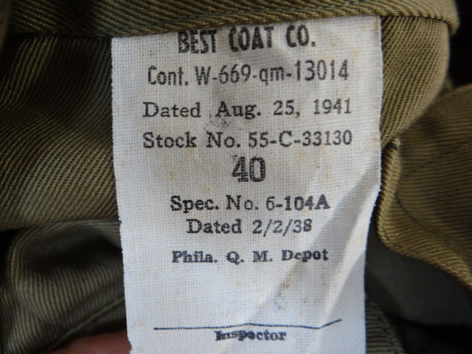 Original WWII 1941 US Army Tank Destroyer M-1938 MACKINAW Jacket Size 40