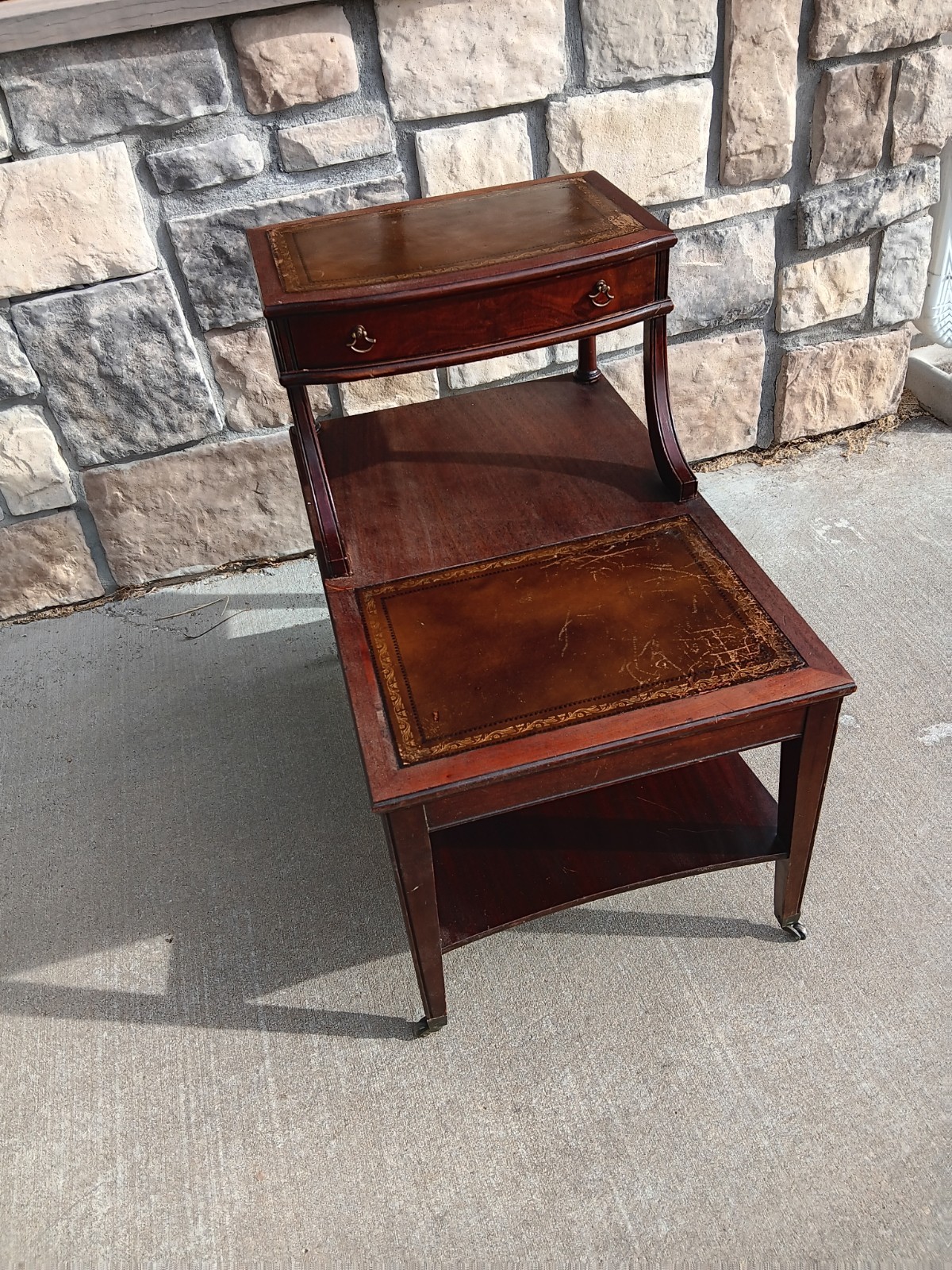 Walnut Carolina Co. Step End Table With Leather Top Drawer And Caster Wheels