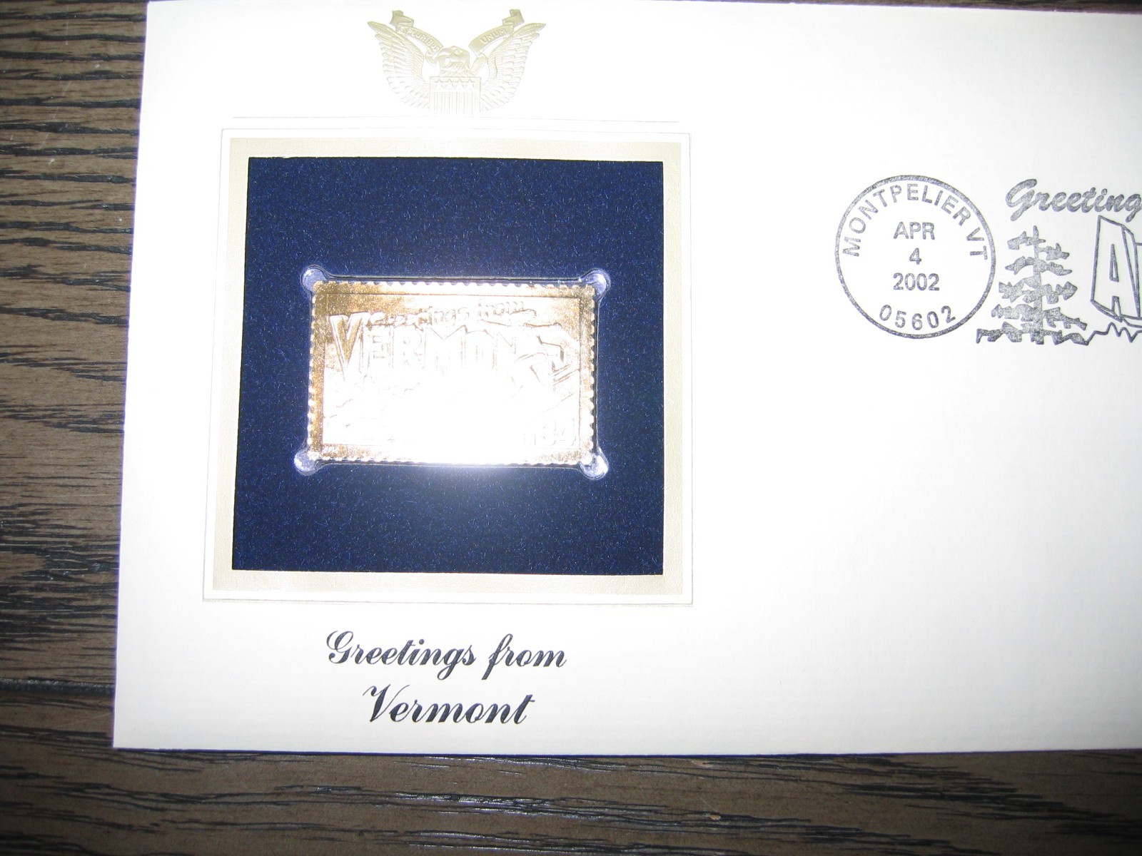 2002 VERMONT Greetings From America replica Gold Stamp Golden COVER
