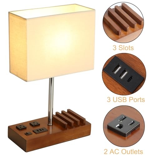 Briever USB Table Lamp, Multi 2 Ac Outlets + 3 Usb + 3 Slots (Walnut)