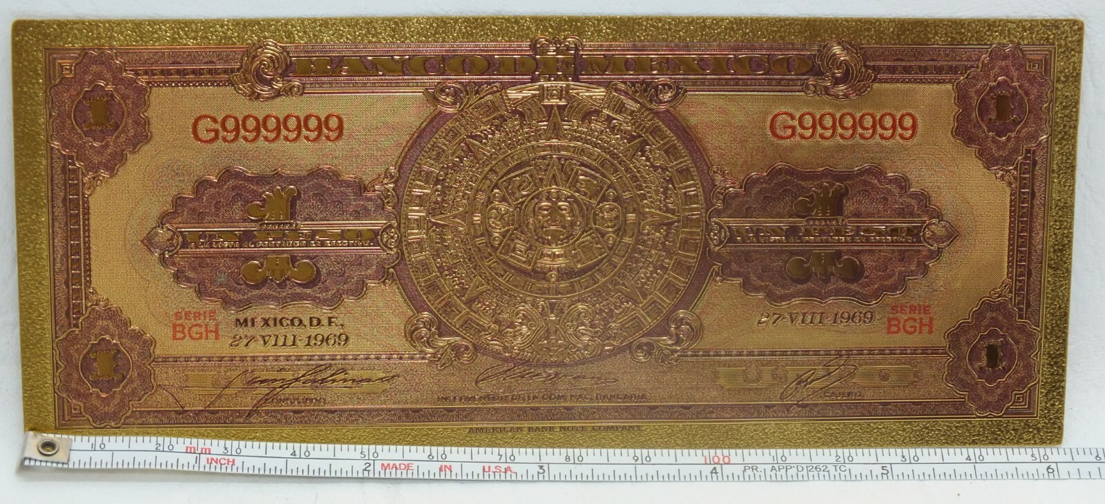 1969 Mexico 1 Peso Aztec Calendar Novelty 24K Gold Foil Plated Note Bill - GFN67