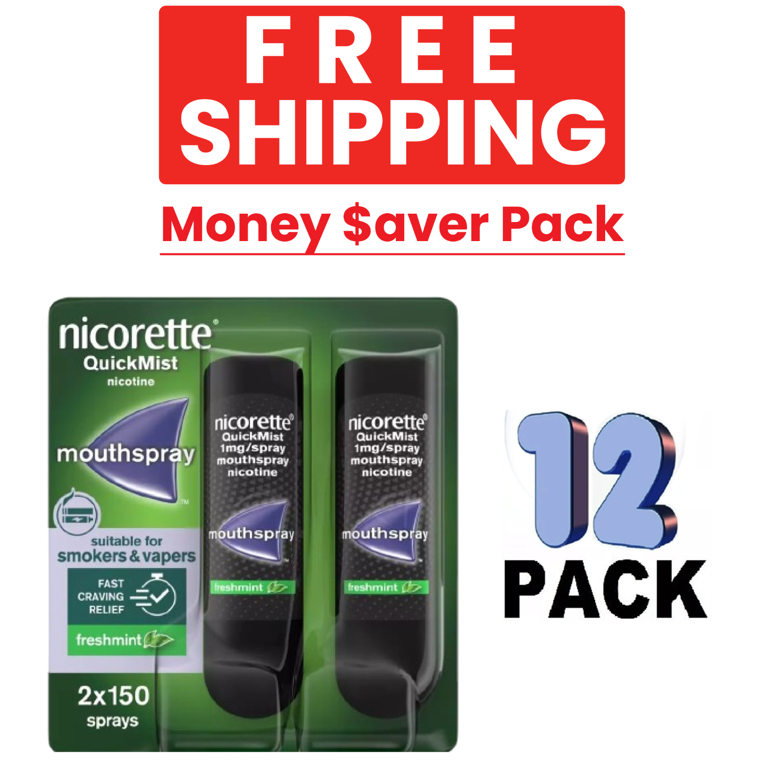 12X Nicorette Quickmist Duo, 2 x 150 sprays FREE SHIPPING