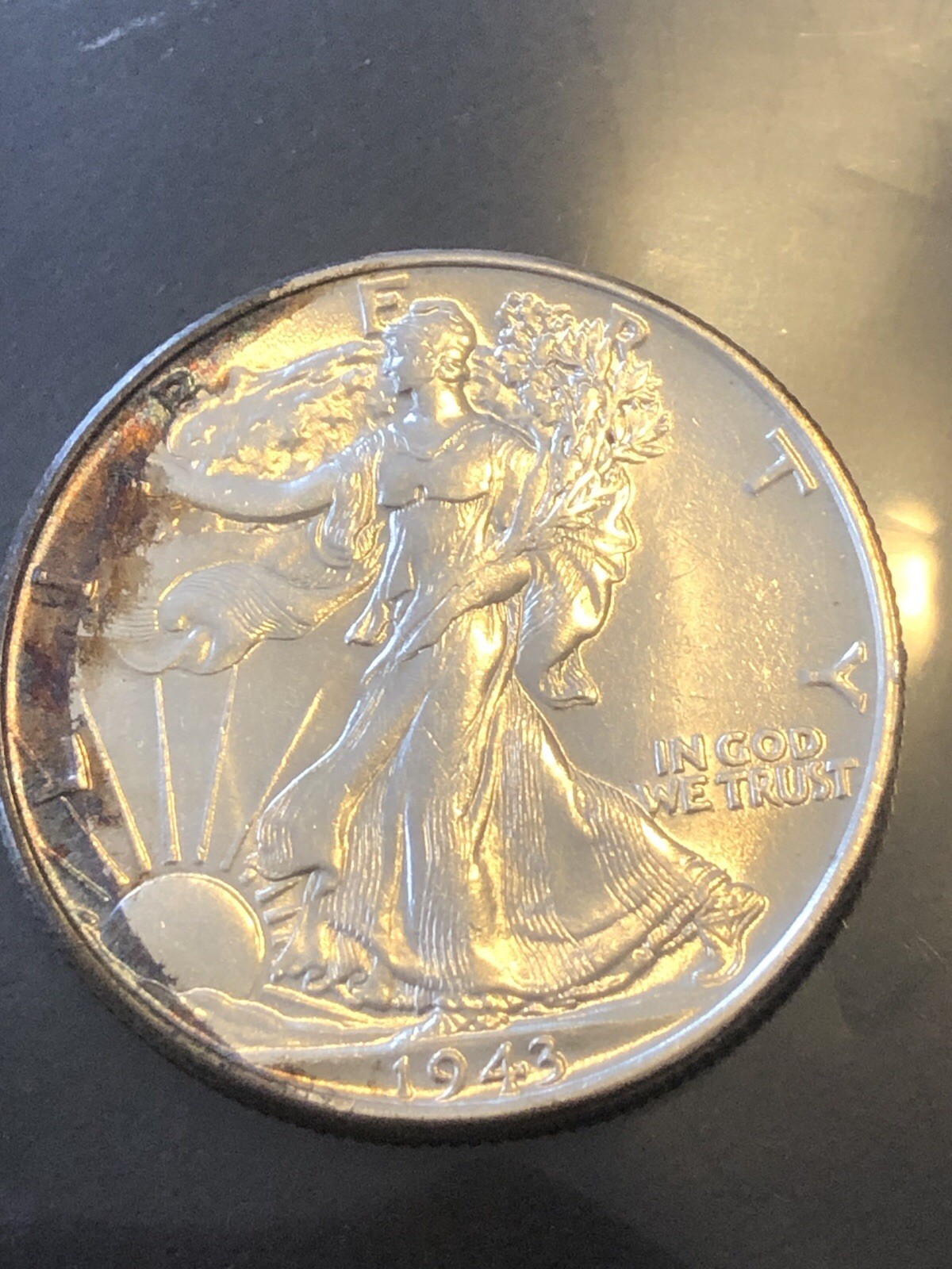 1943 W Walking Liberty Half Dollar Rainbow Toned BU