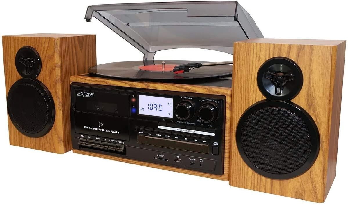 Boytone BT-28SPW Bluetooth Classic Style CD Player Turntable with AM/FM Radio