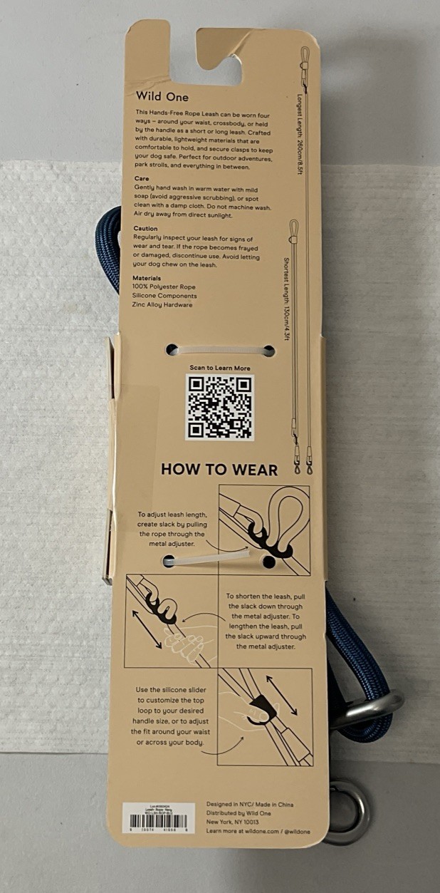 Wild One Adjustable Hands-Free Standard Rope Leash - Navy - Brand New