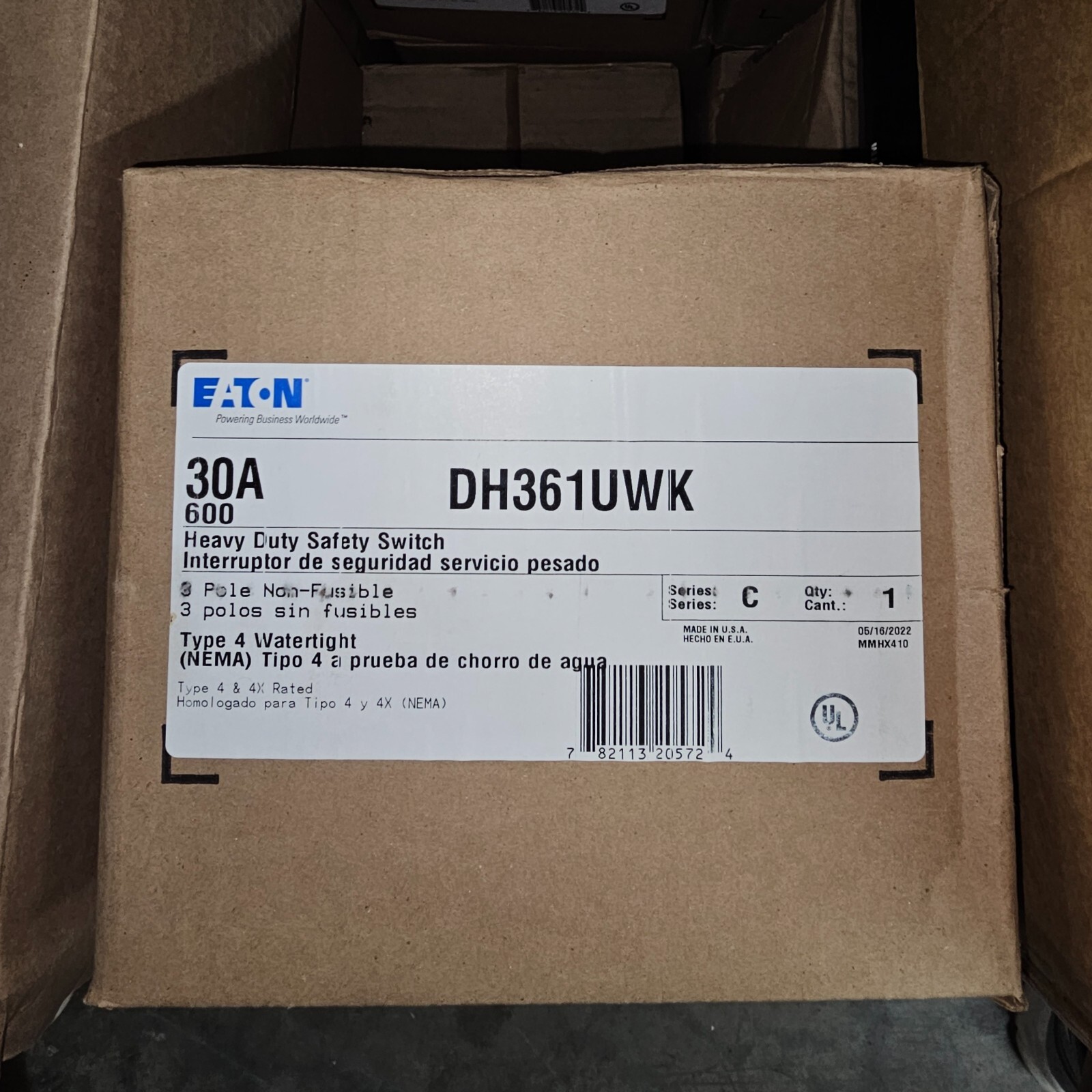 EATON DH361UWK Heavy Duty Single-Throw Non-Fused Safety Switch, 30A, NEMA 4X