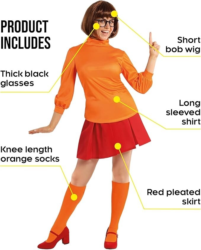 Women`s Velma Costume & Wig Orange Mystery Inc Scooby Doo Detective Dress S-3XL