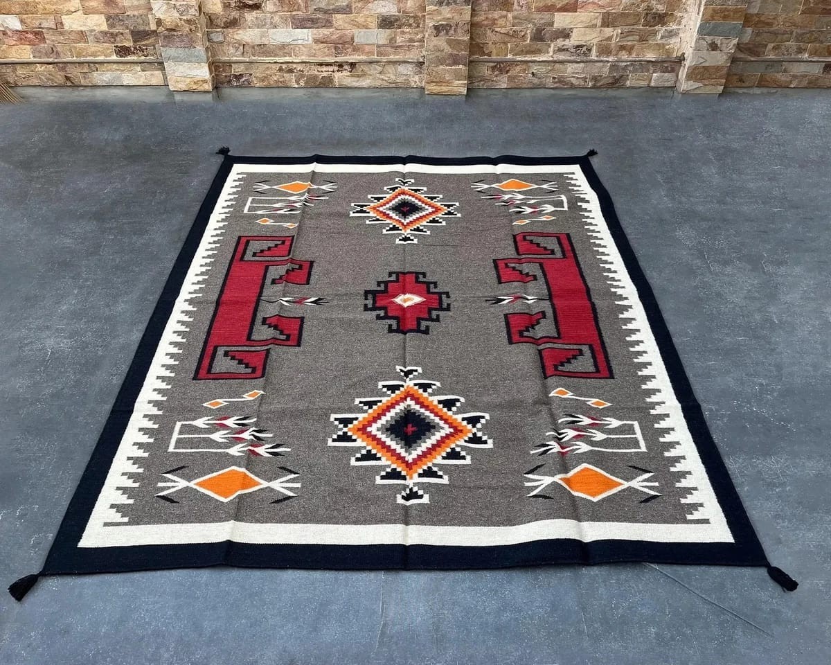 Southwest Native American Indian Boho Ganado Navajo Wool Rug Two Grey Hill Rugs