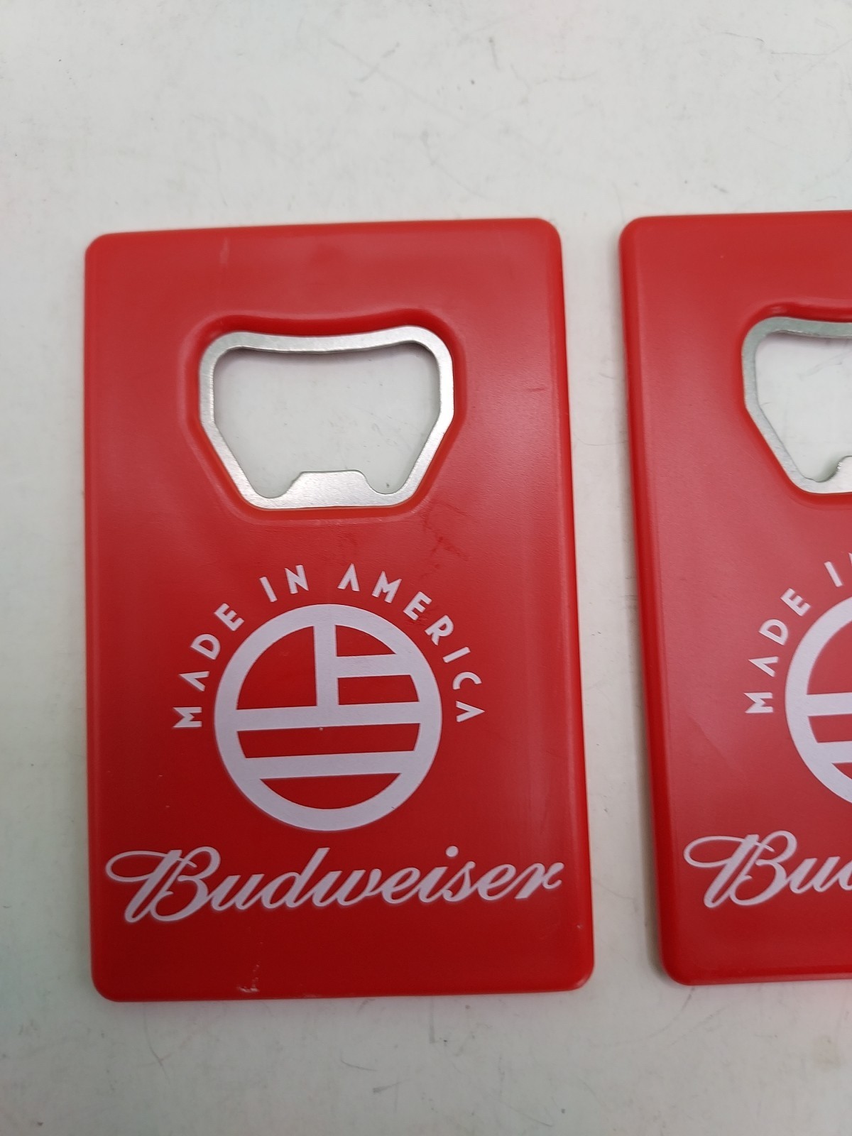 2 Budweiser Made In America W/flag Design Red Plastic Bottle Openers 3.25" Long