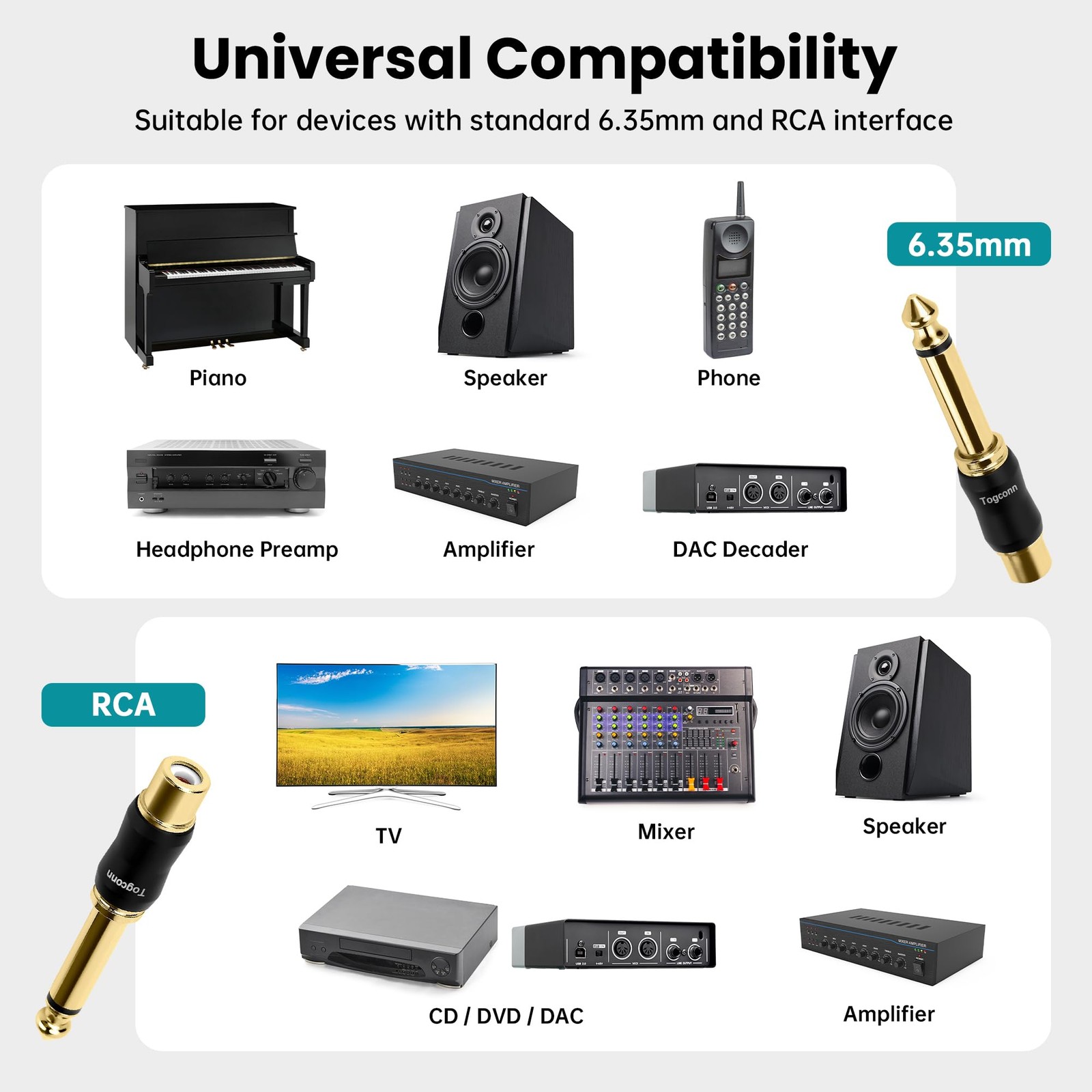 Togconn RCA to 1/4 Inch Adapter 2 2 Pack, (Female) 6.35mm TS (Male)