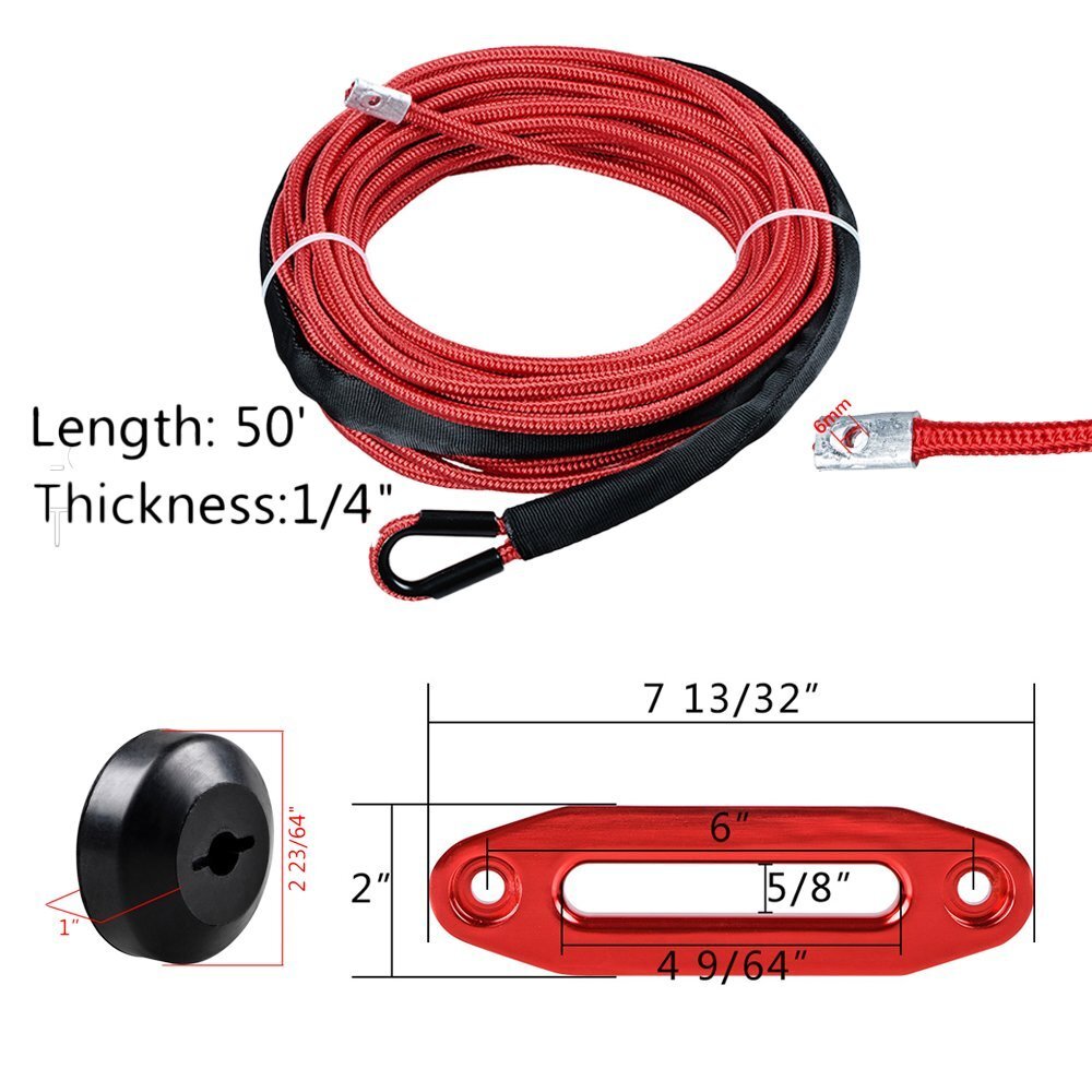 50' x 1/4" 7000LB Red Synthetic Winch Rope + 6" Hawse Fairlead + Stopper ATV UTV