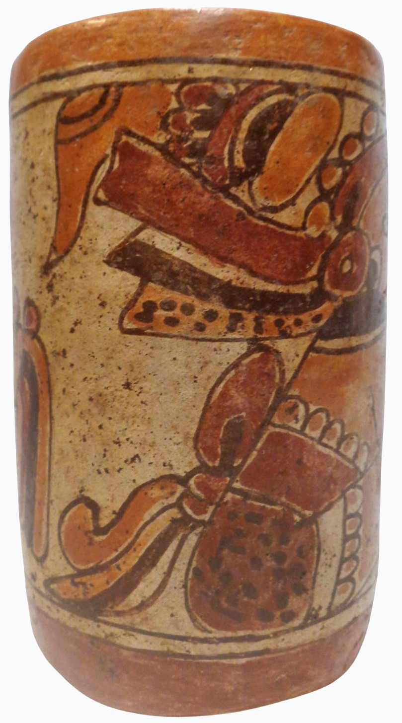 MID-CENT REPRO of PRE-COLUMBIAN HAND DEC CERAMIC CYLINDER VESSEL of SEATED DEITY