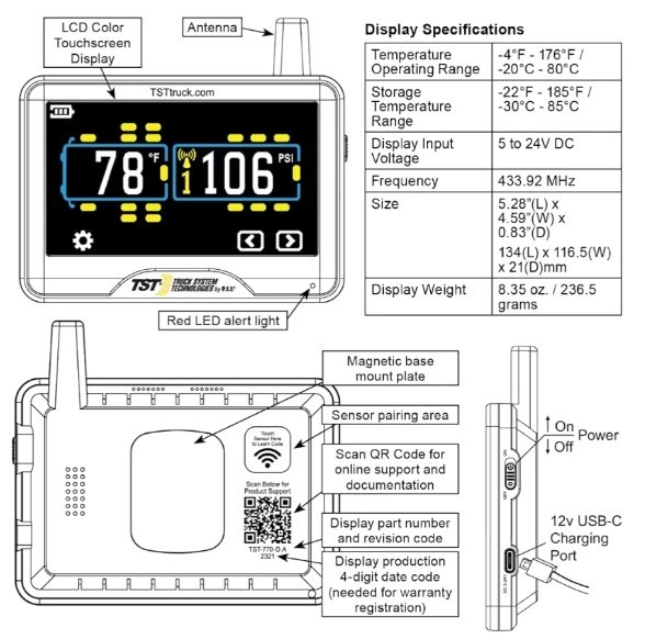 TST 770 Series TPMS - with 4 Flow Thru Sensors & 5" Color Touchscreen Monitor