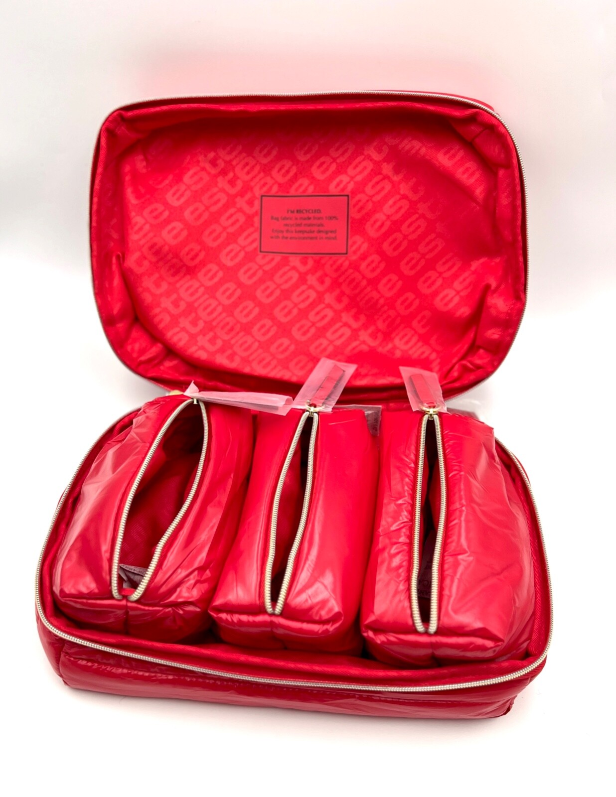 Estee Lauder Fluffy Train Case Bag + 3 Little Bags with Handle ~ Red