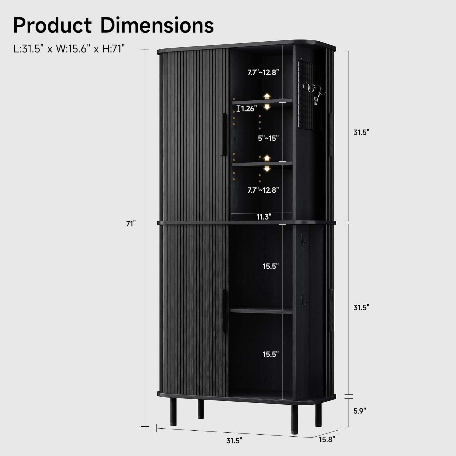 71" Fluted Kitchen Pantry Cabinet, Tall Storage Cabinet (Black)