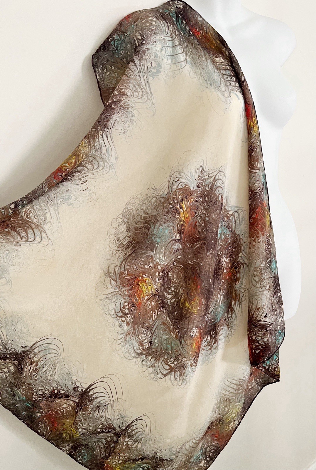 Vtg BURMEL Marbled Scarf Ivory Multi Art 30” Square Career Office Professional