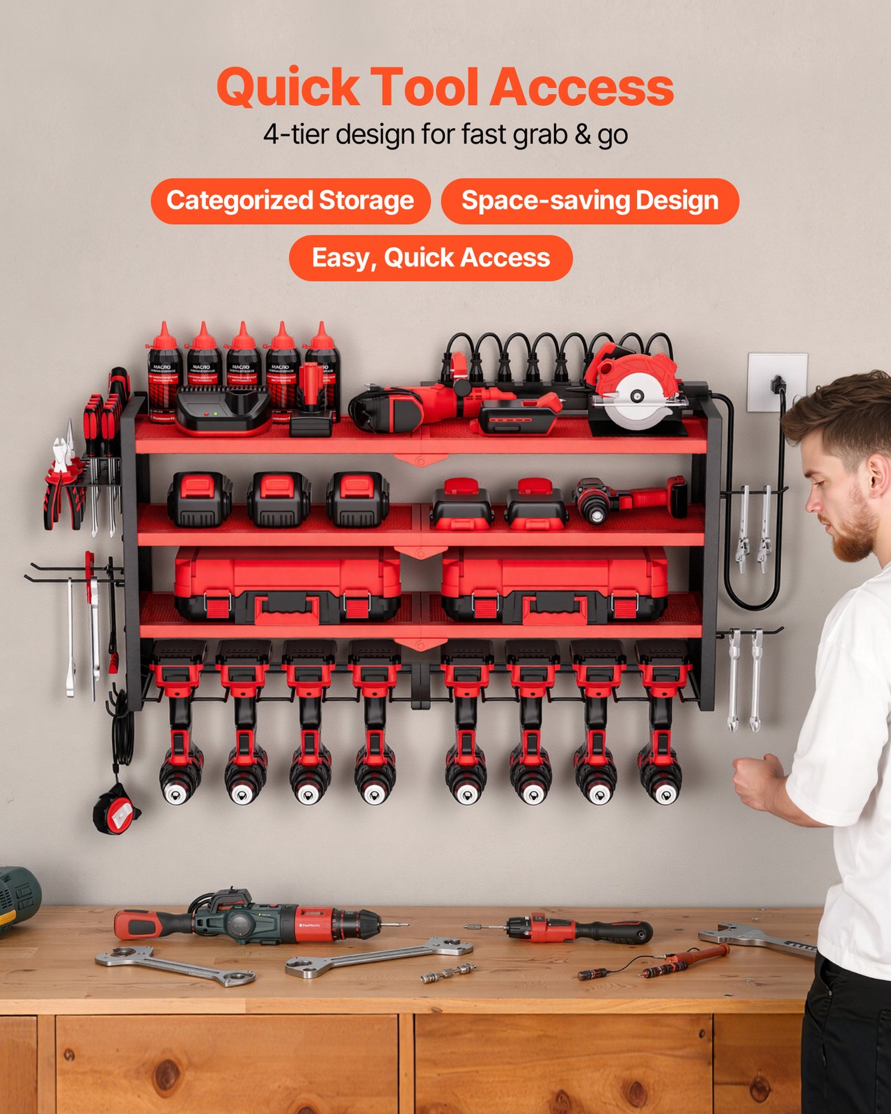 VEVOR Power Tool Organizer with Charging Station 4-Layer Drill Storage Rack