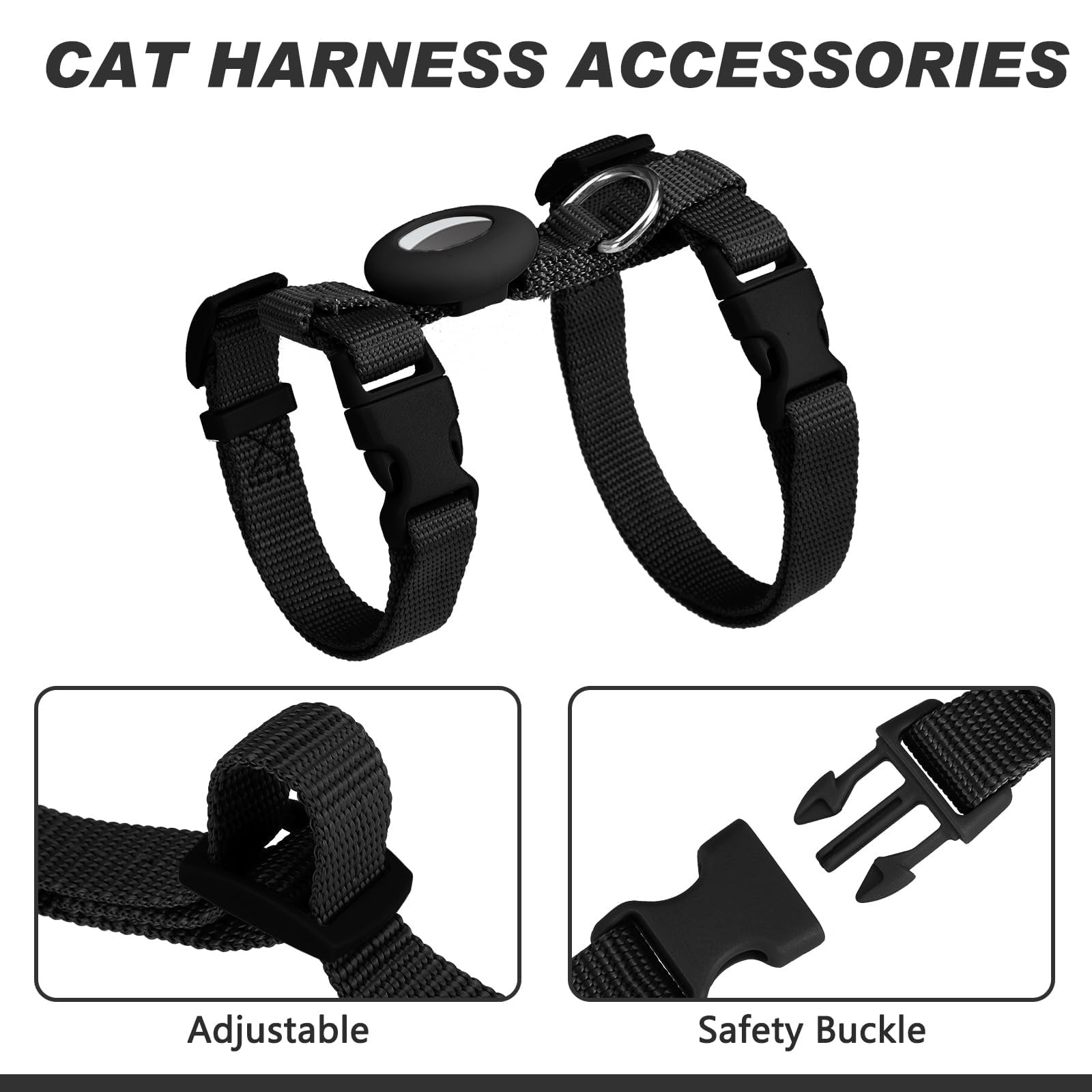 Cat Harness Leash Set Airtag Holder Walking Escape Proof Adjustable Vest Black