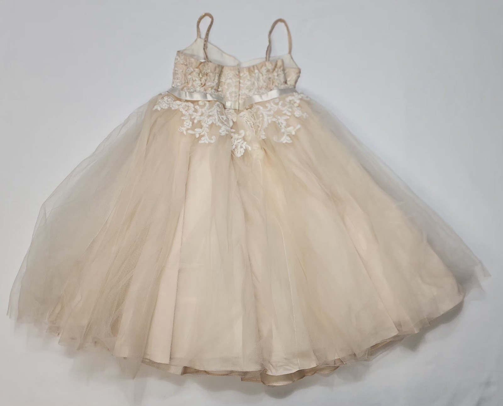 $180 Davids Bridal Ivory Floral Applique Spaghetti Strap Flower Girl Dress Sz 4
