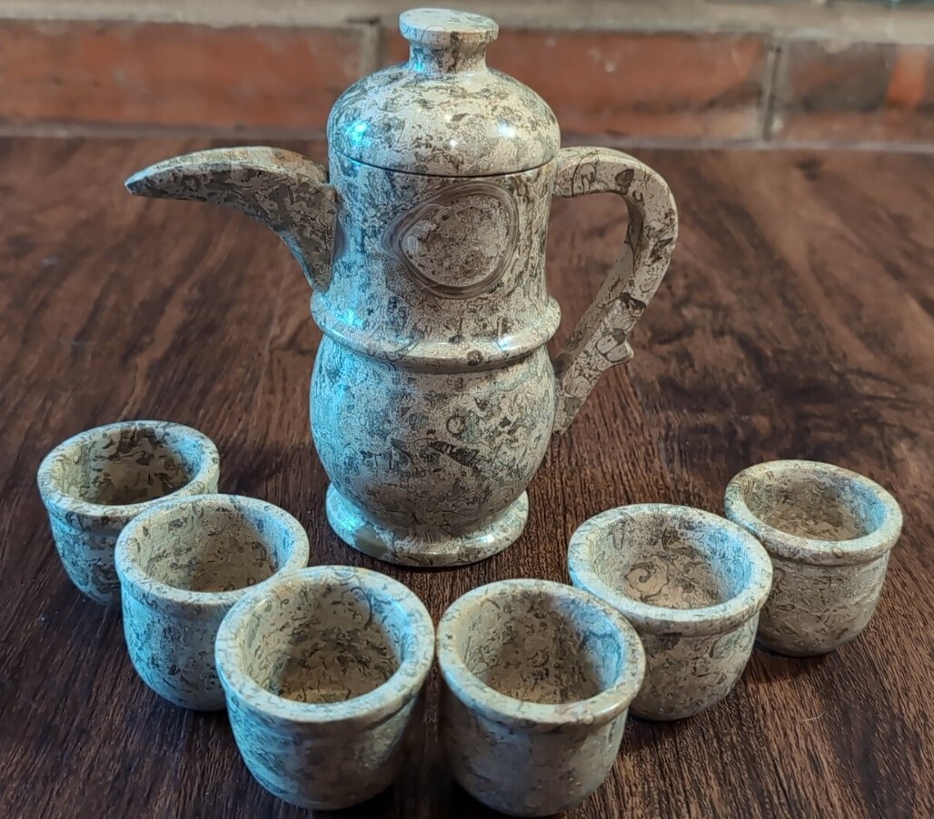 Vtg Marble Stone Tea Set: Pot + Six Cups Gray Brown Marble Patchwork