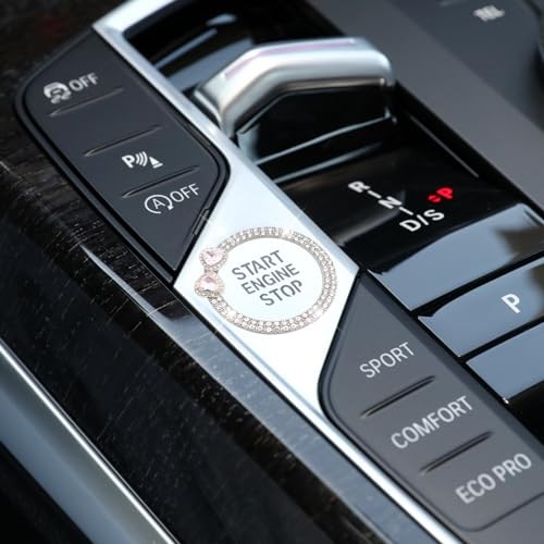 Bow Car Accessories,Double Engine Start Button Ring,Girly Rhinestone Pink Heart