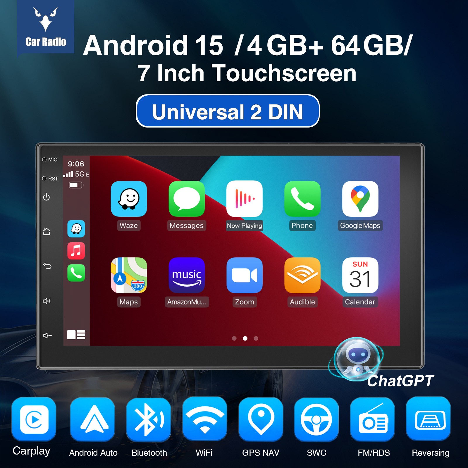 4+64GB Double 2 Din HeadUnit Car Stereo Carplay Android15 Radio Sat Nav WIFI 7in