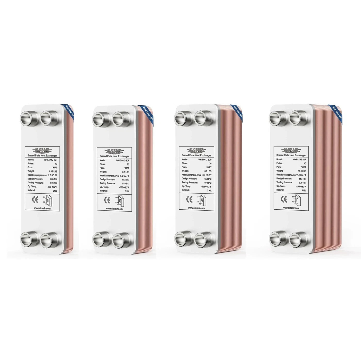 ALORAIR 10-40P 4"x12" Brazed Plate Heat Exchanger, 1" MPT Ports, 316L St.Steel