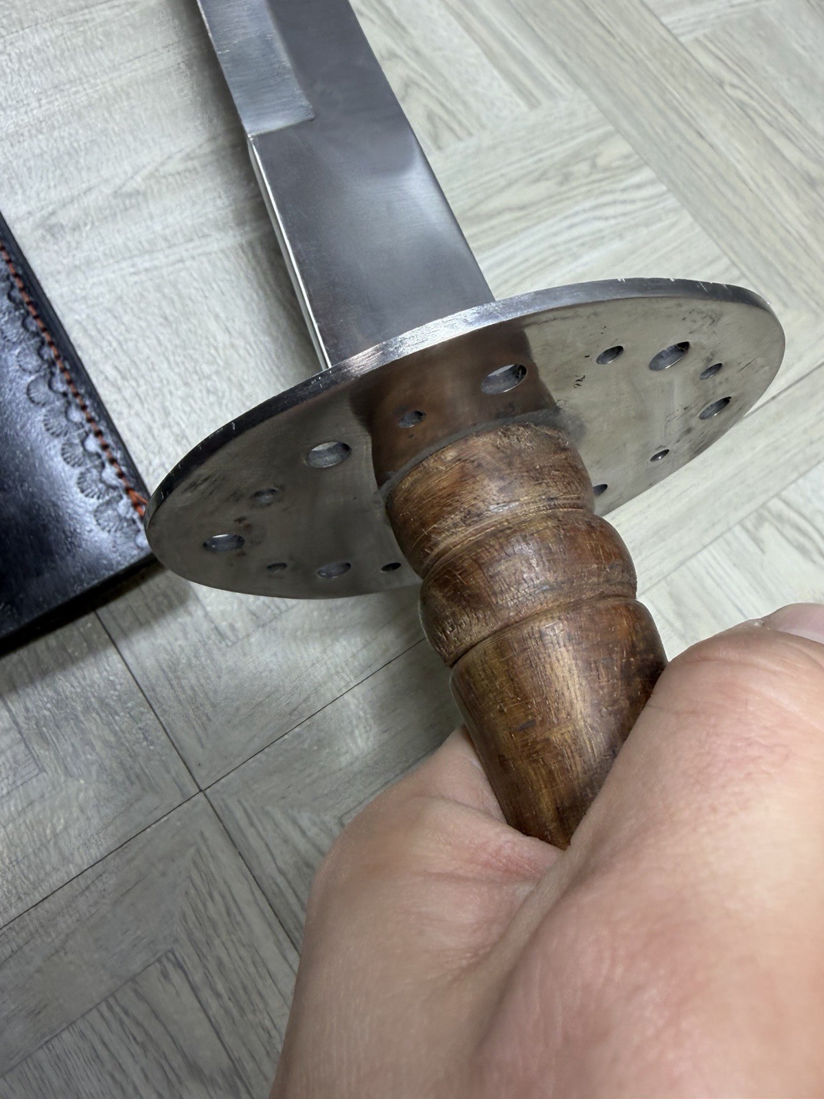 Pakistan Reproduction Battle Sword W Leather Sheath Wood Handle Metal Blade Vtg