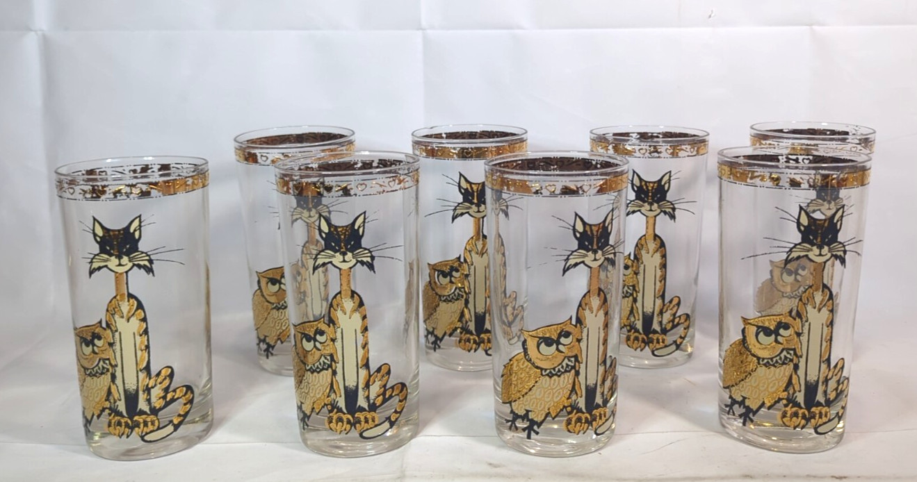 Vintage Culver 22K MCM Mid-Century Modern cat and Owl High ball glass set of 8