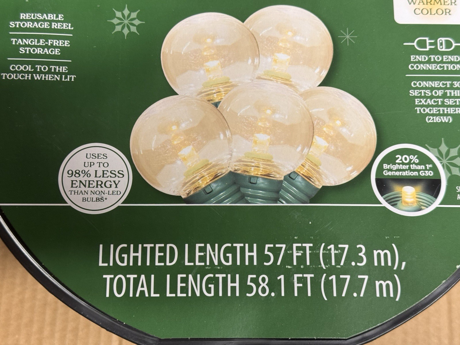 NEW 2025! HOLIDAY TIME 100 WARM WHITE LED Super Bright G30 Lights GRN Wire 58.1'