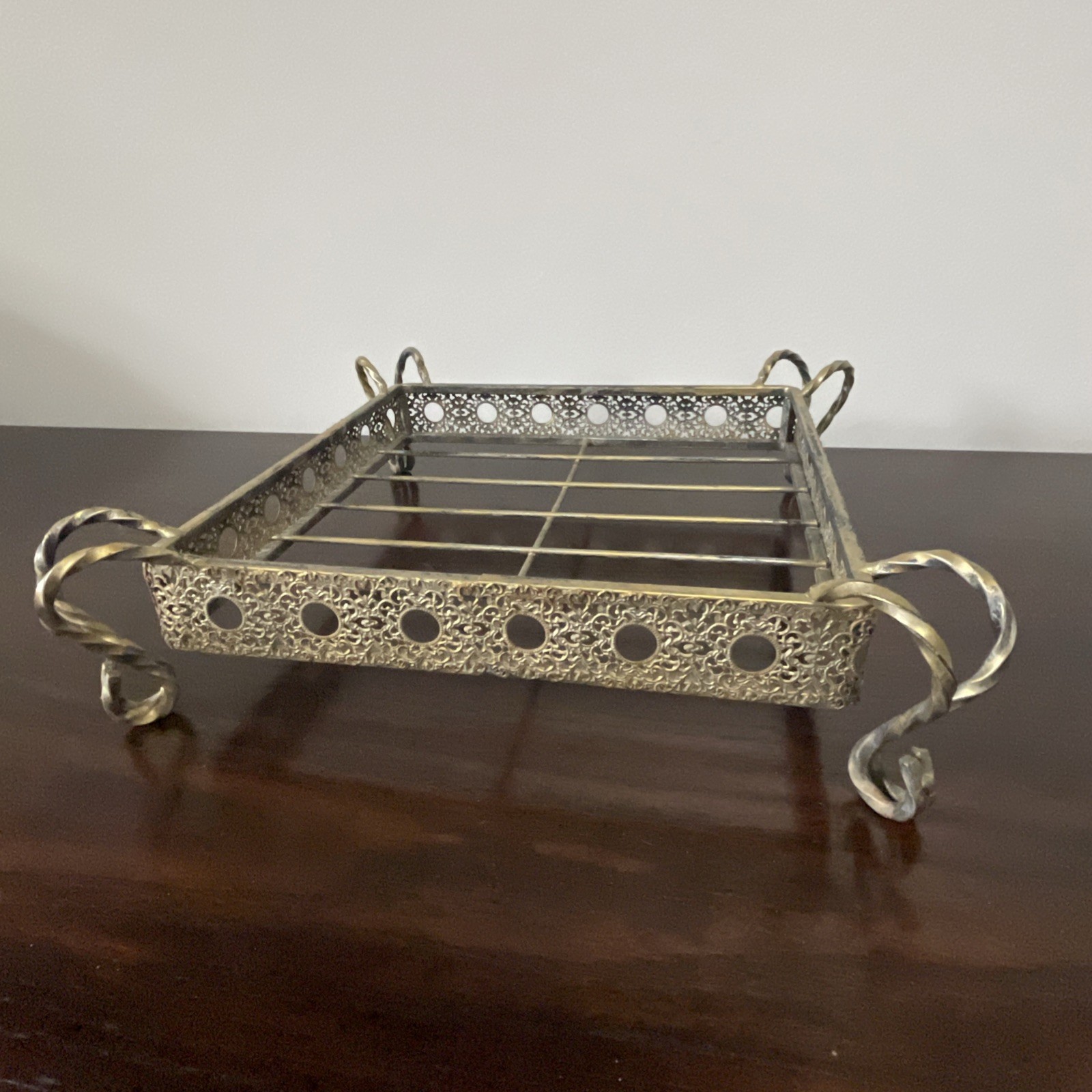Antique Metal Pierced Filigree Plant Stand Twisted Feet Victorian Tray