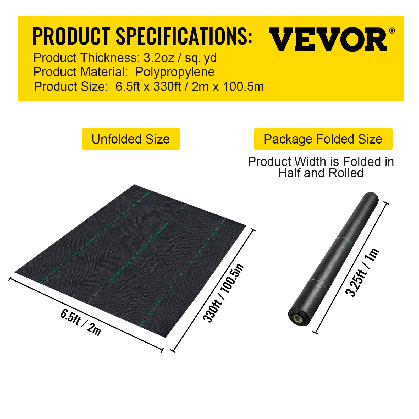 VEVOR 6.5'x330' Weed Barrier Landscape Fabric Ground Cover 3.2z PP Chemical-free