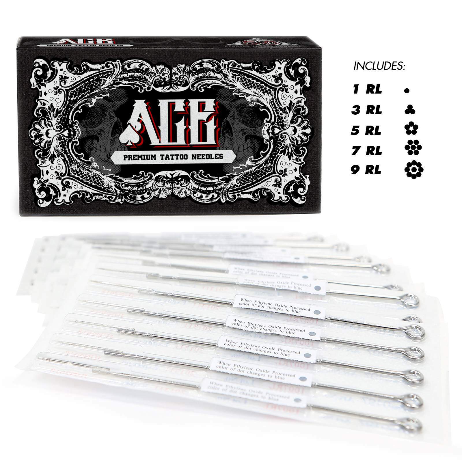 50 Mixed Assorted Sterile Tattoo Needles 6 Sizes - Round Liner 1 3 5 7 9 11 RL