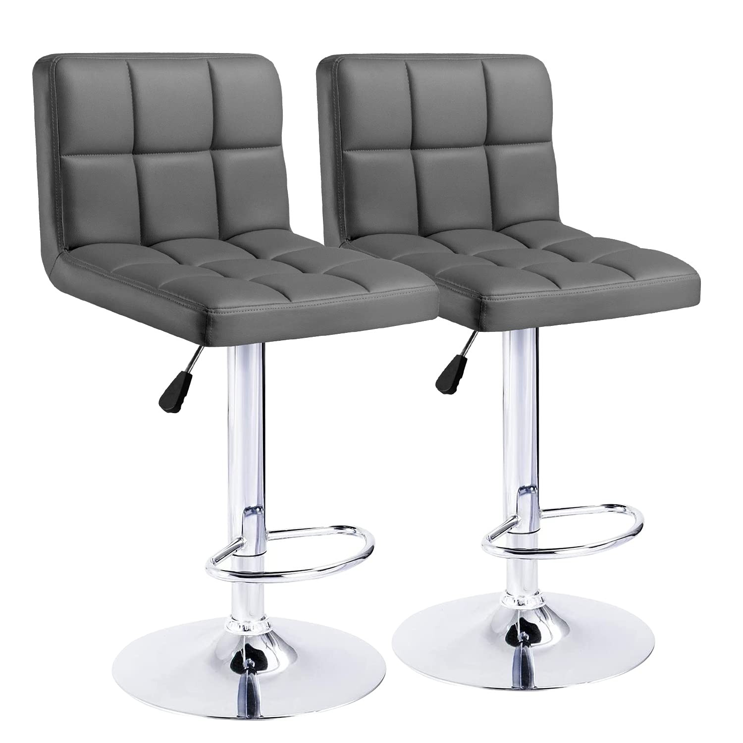 Modern PU Leather Adjustable Swivel Bar Stools with Back Footrest Set of 2 Grey
