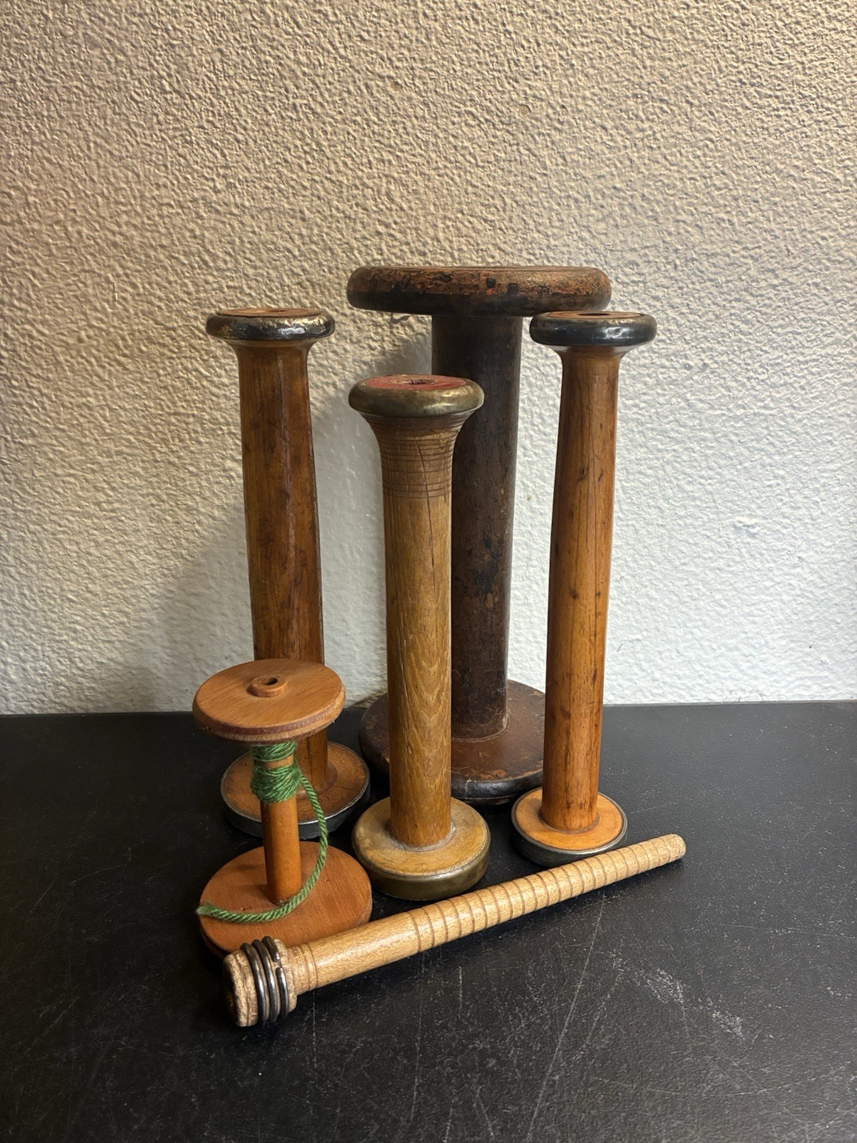 Large Wooden Textile Spools Bobbins Vintage Wood Primitive Rustic Lot of 5