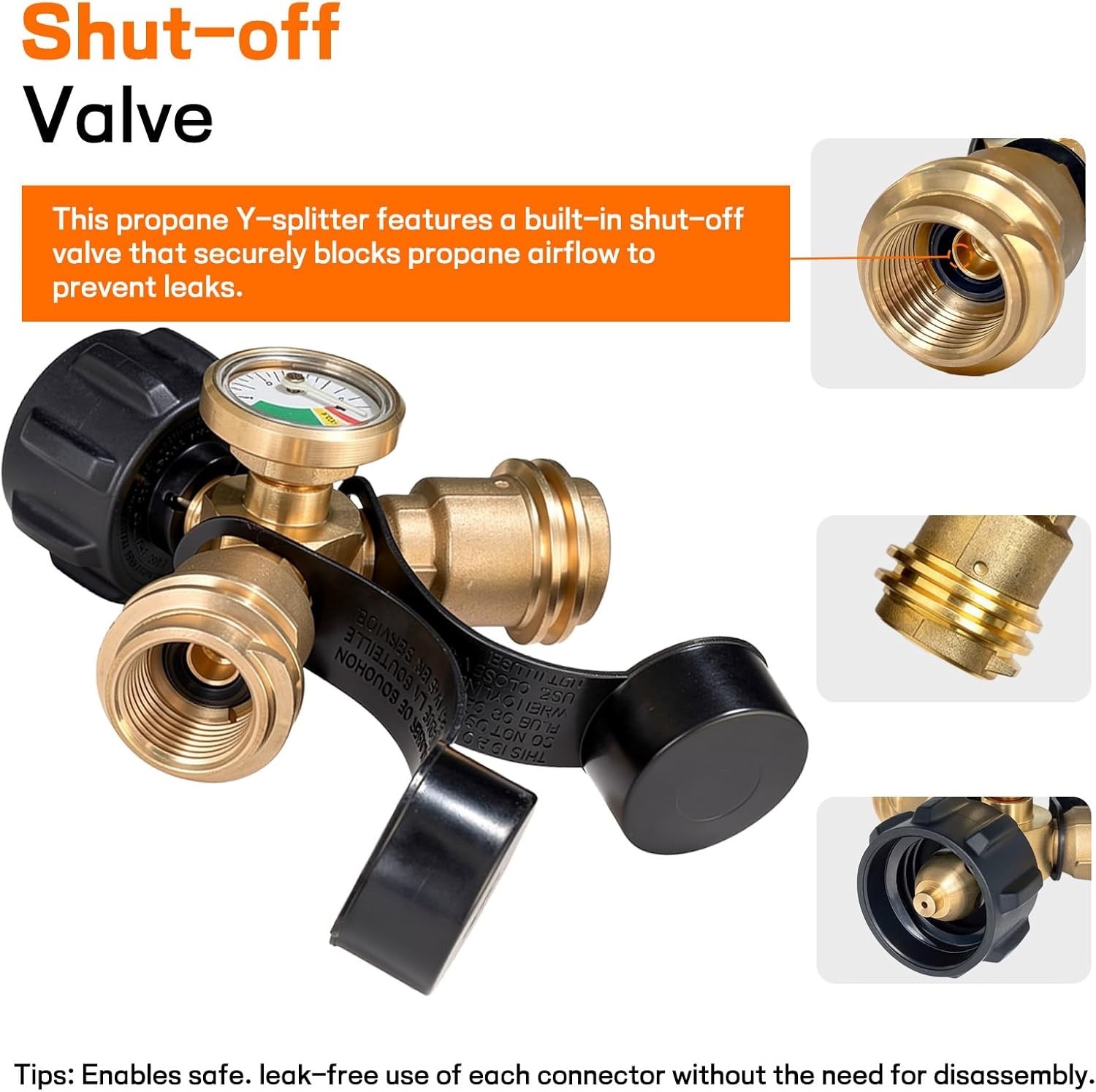 Propane Tank Y Splitter Adapter 2 Way LP Gas Tee Connector With Gauge