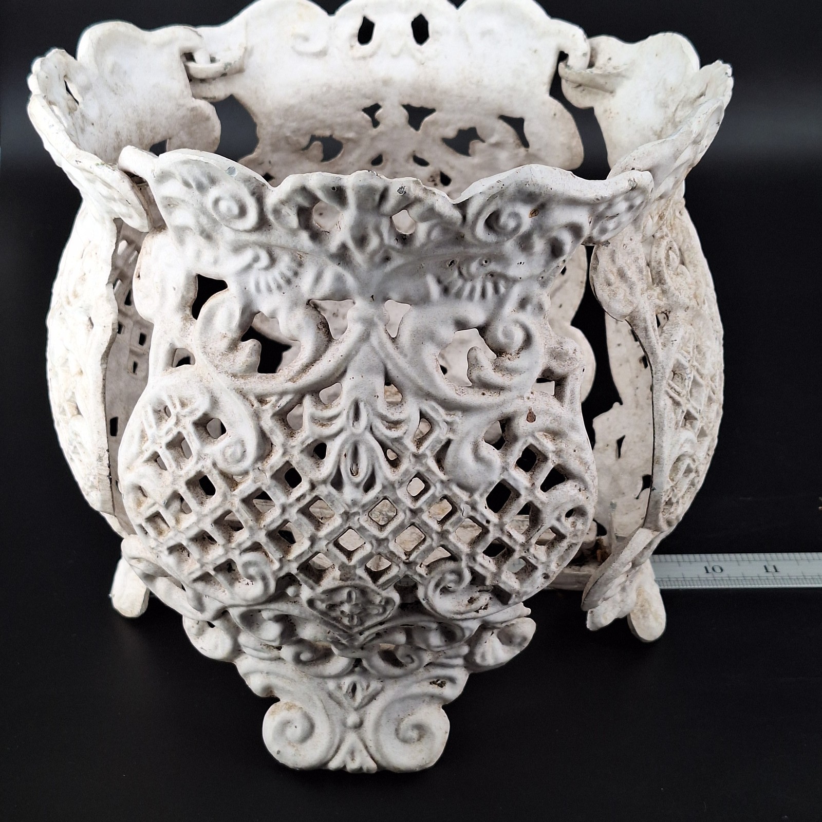 Antique Cast Iron Planter Holder Ornate Lattice White Garden Decor