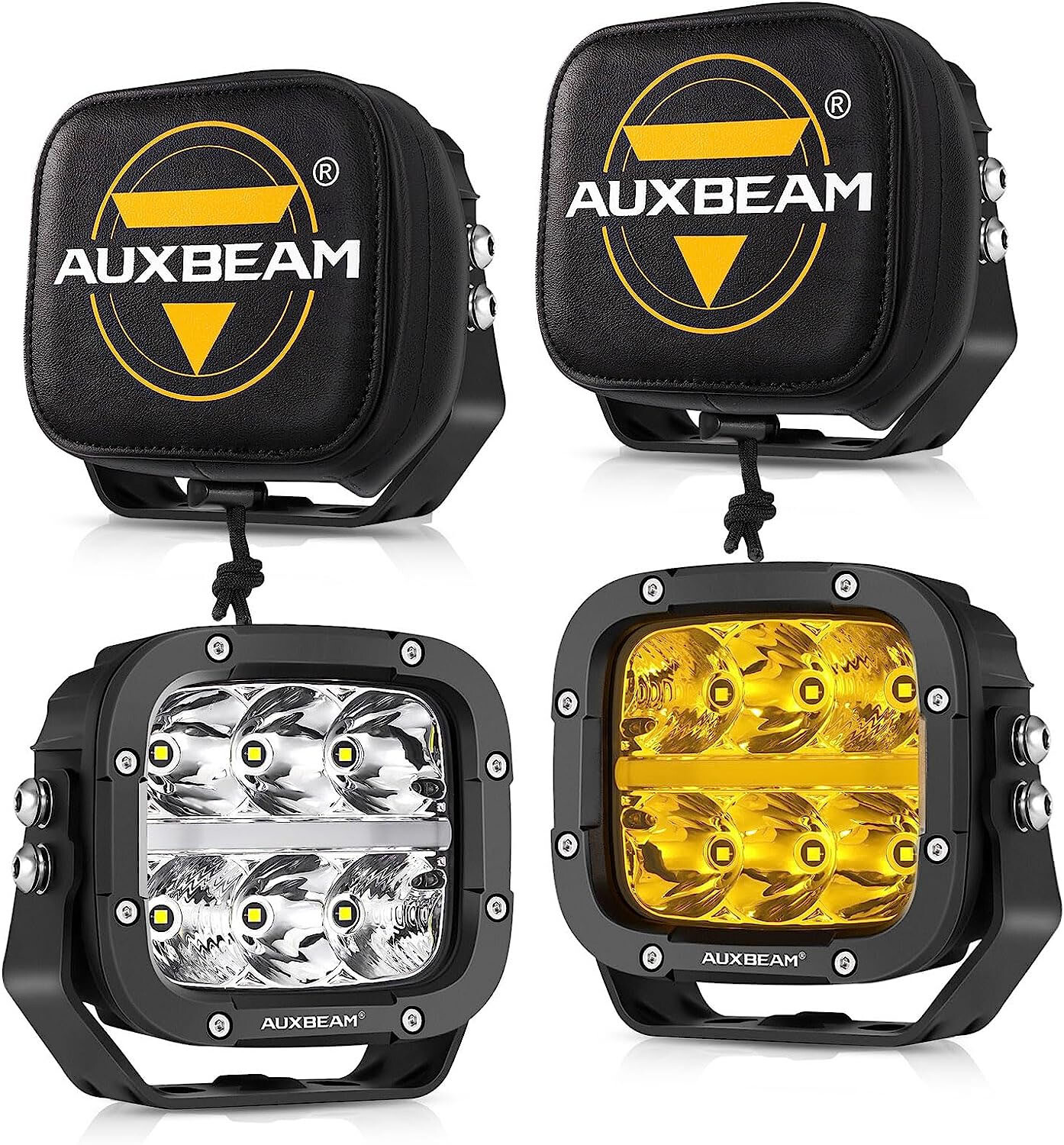 AUXBEAM 5" 132W 15600LM LED Driving Lights Pods Off Road Amber DRL+Black Covers