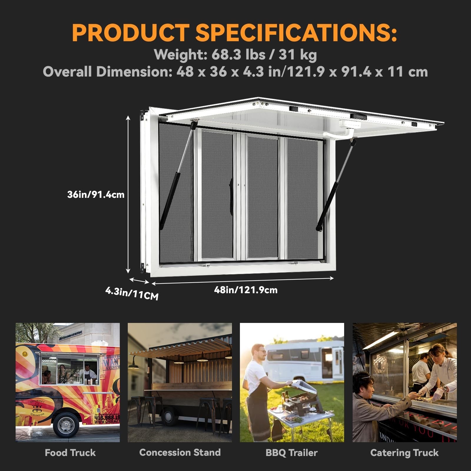 Concession Window 48"x36" Serving Window W/ 4 Horizontal Sliding Screen Windows