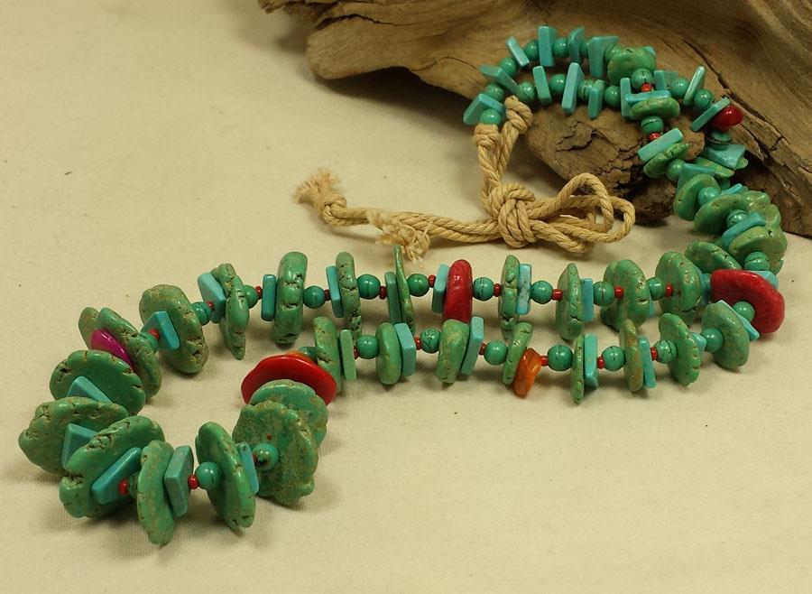 southwestern gradual  block turquoise bead necklace 21" plus 10" rope (g262-w2)