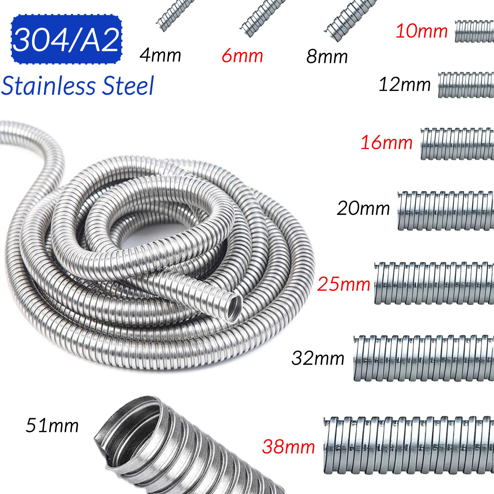 4mm to 51mm Flexible Conduit Tube Cable Tidy Trunking Organiser Stainless Steel