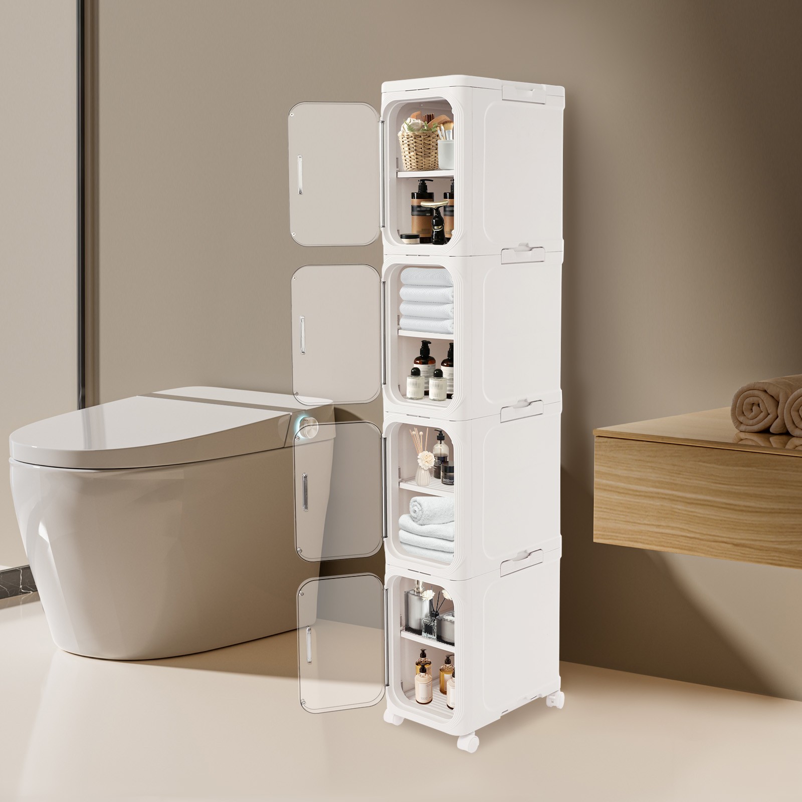 4-tier Slim Bathroom Storage Cabinet, Narrow Floor Standing Storage Cabinet