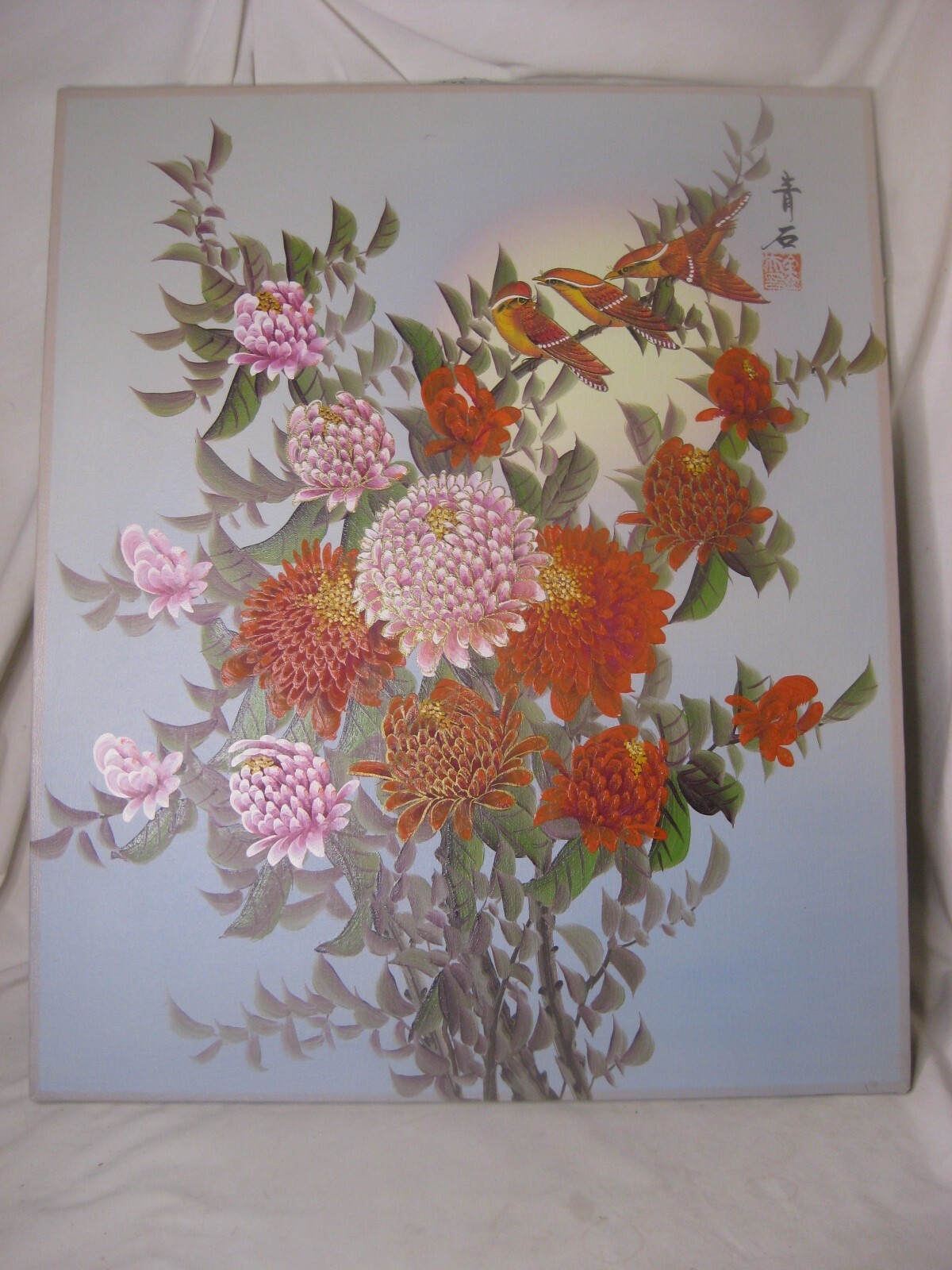 vintage Asian painting Chinese ? birds with flowers 20" x 24" original art *NOTE