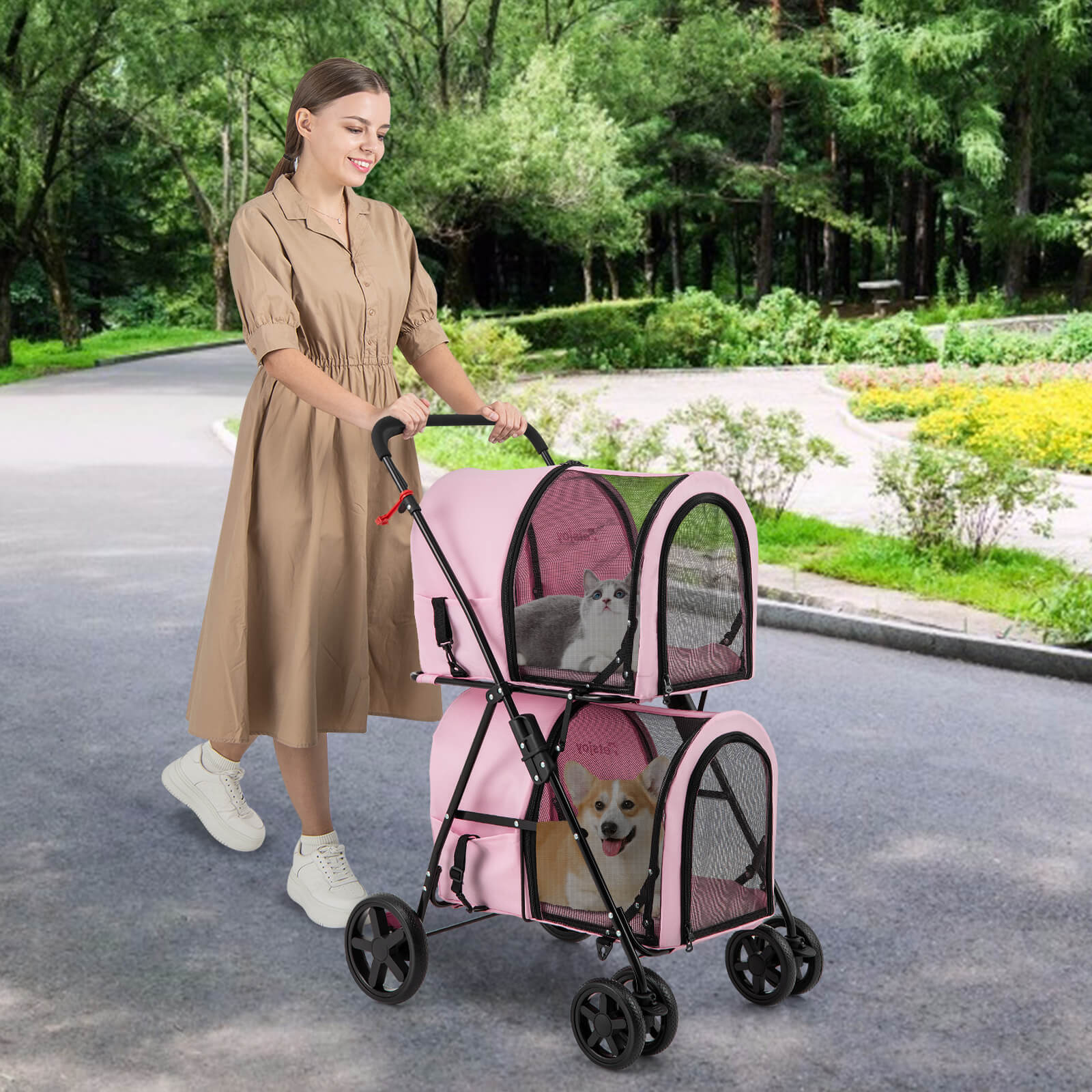 4-in-1 Double Pet Stroller w/ Detachable Carrier Travel Carriage for Cats