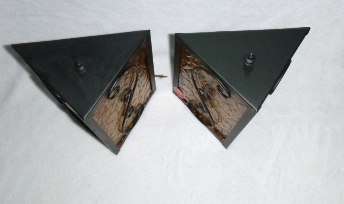 PAIR NOS Vtg 1969 Amber Glass & Black Metal Trianglular Indoor /Outdoor Sconces