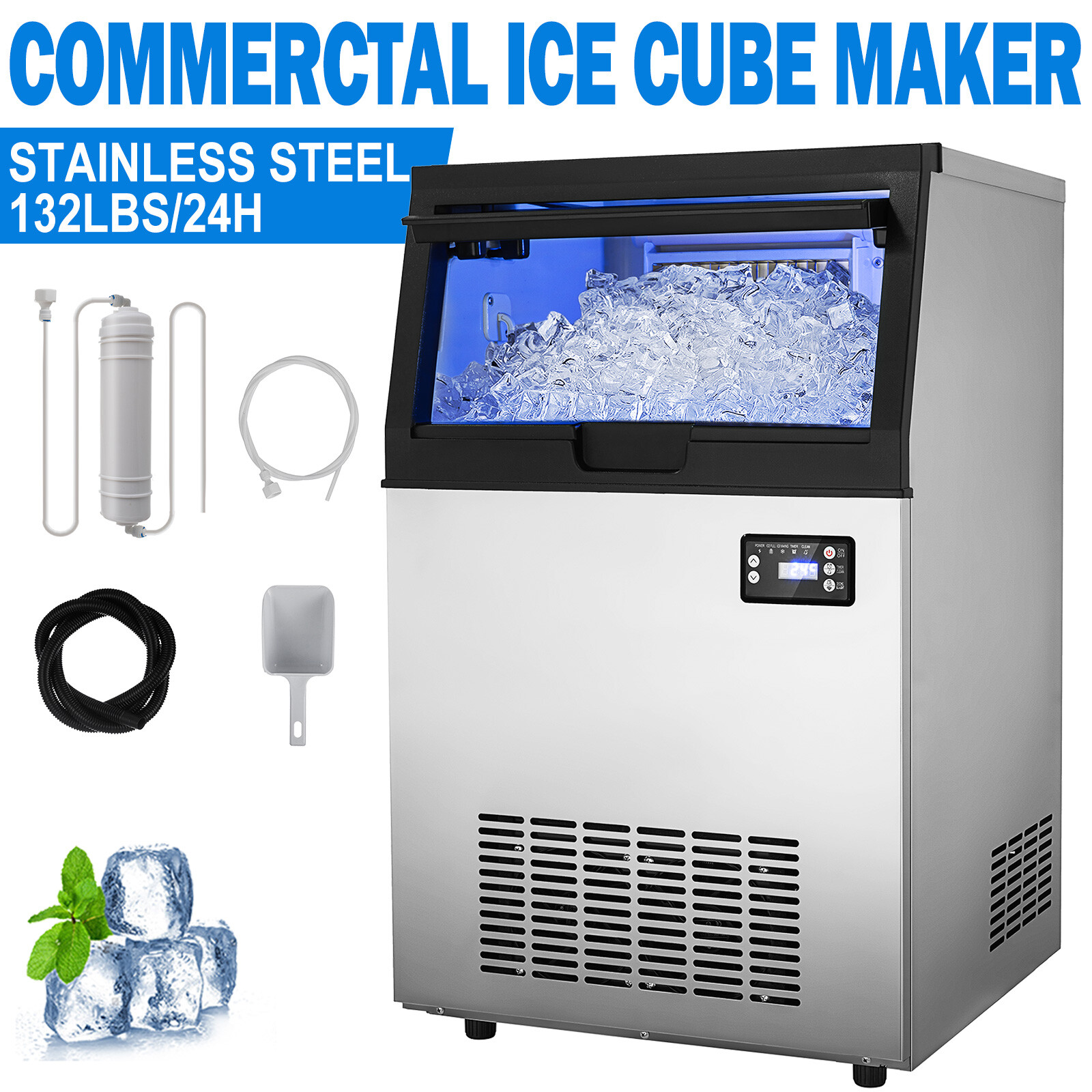 132Lbs Commercial Ice Maker Built-in Ice Cube Machine 33Lbs Storage Undercounter